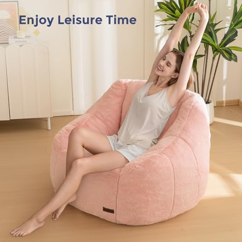 Image of MAXYOYO Bean Bag Chair, Comfy Bean Bag Sofa with Back Support, Faux Fur Bean Bag Chair for Adults and Kids, Stuffed Floor Sofa for Living Room, Bedroom, Apartment, Pink