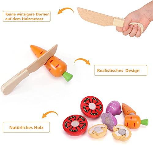 JUWUGU Küchenspielzeug für Kinder Holz, Holzspielzeug, Kochspielzeug Schneiden Gemüse Holz Lebensmittel mit Klett… – Bild 4