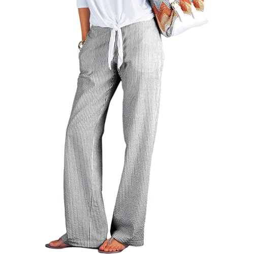 Women's Black and White Striped Wide Leg Pants with Drawstring Waist 2025 Spring Comfortable Pants with Side Pocket