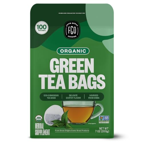 FGO Organic Green Tea, 100 Count Eco-Conscious Tea Bags, Caffeinated, Resealable...