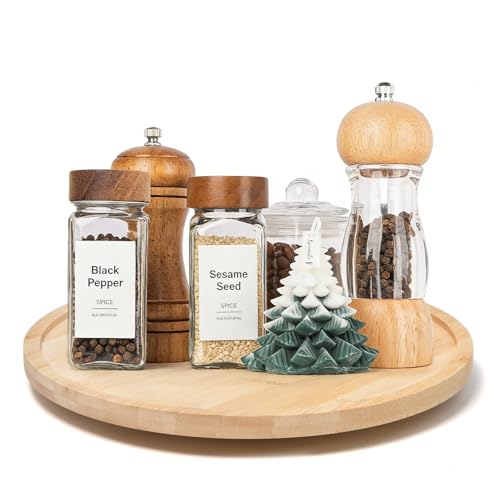 Keboyoe 1 Stück Drehteller Holz 360 Holztablett Rustikal Drehbar Lazy Susan Präsentierteller aus Holz Tablett Deko Serviertablett Rund für Küche Herzstück Kerzenständer 28 cm