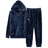 [D.IIZOO] パーカー風 長袖 もこもこ パジャマ メンズ 冬 上下セット ルームウェア ゆったり 暖かい 防寒 部屋着 裏起毛 パジャマ フード付き フリース あったか レジャー おしゃれ 大きいサイズ NSY11 (ネイビー, 2XL)