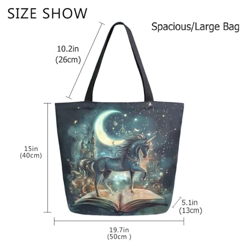 Fairy Tale Book Unicorn Castle Extra Large Canvas Gym Shoulder Tote,Durable Reusable Daily Top Handle Bag for Mens Womens Yoga Weekender Picnic Beach Travel Market Shopping4