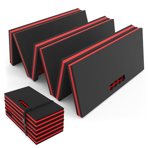 SKYJDM Thick Mechanic Mat, Foldable EVA Mat with Magnetic Tool Compartments, Waterproof Mechanic Kneeling Pad with Handle for Garage Workshop Repairing Gardening, 46.5" x 15.8" x 1.1 ", Black & Red