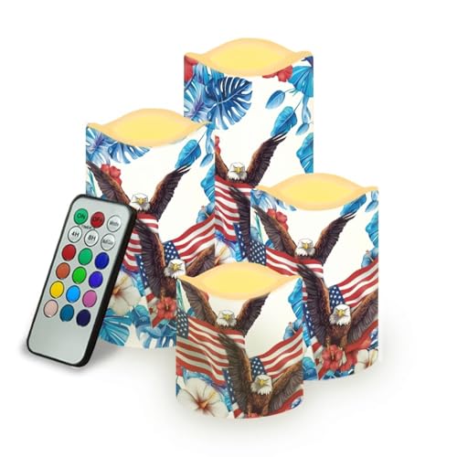 Image of USA Flag Flameless Candles Bald Eagle Tropical Flowers Flameless Candle with Remote Timers for Lights Patriotic Independence Day Lamp for Home Dinner Table Garden Tea Party, 4 Pack