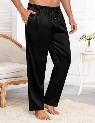 SWOMOG Mens Satin Silky Pajama Pants Soft Silk Long Pajama Bottoms with Drawstring & Button Fly & Pockets2