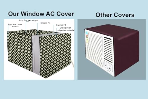 Image of The Furnishing Tree Elastic fit waterproof Polyester window ac cover compatible for Blue Star 0.8 Ton WFD318P Dustproof cover for inner and outer section, Check Coffee