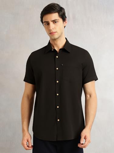 Image of Thomas Scott Men's Premium Slim Fit Casual Shirt | 100% Cotton Twill | Short Sleeves | Spread Collar | Solid Smart Casual Shirt for Men