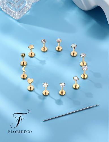 Florideco 14K Gold Filled Threadless Nose Studs for Women Hypoallergenic Surgical Steel Nose Rings Push In Flat back Nose Stud Labret Studs CZ Tragus Helix Piercing Jewelry 16G 18G 20G 6