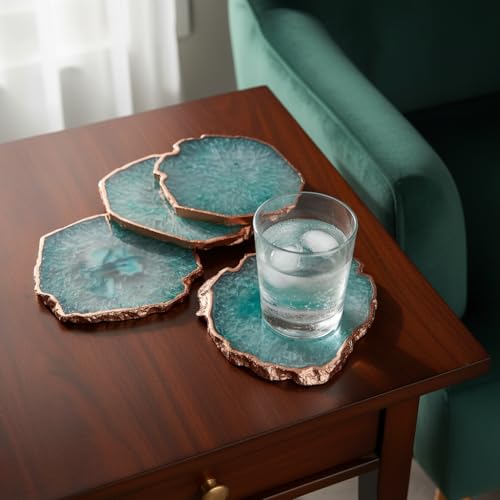 Image of Natural Agate Stone Tea Coasters Set | Premium Stone Coasters for Tea, Coffee & Glass | Heat Resistant Coasters for Dining Table, Office Desk & Home Decor | Pack of 4 | Color -Green