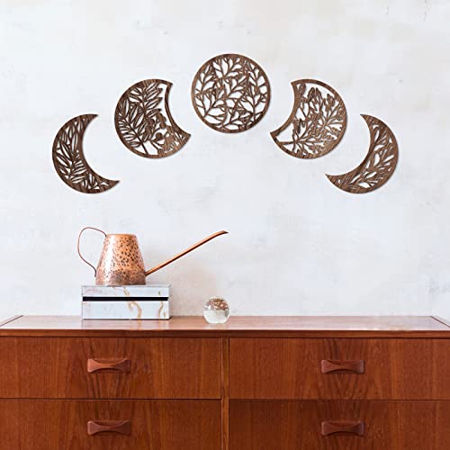 Jetec 5 Pieces Moon Phase Wall Hanging Decor Wooden Moon Wall Art Decor Nordic Moon Phases Wall Art Boho Decorative Moon Decor For Room Bar Ornament (Brown) #TOP3
