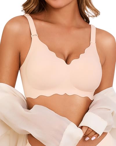 Seamless Jelly Bras for Women No Underwire Push Up Bra Full Coverage V-Neck Wirefree Bralettes Soft T-Shirt Everyday Bra Nude