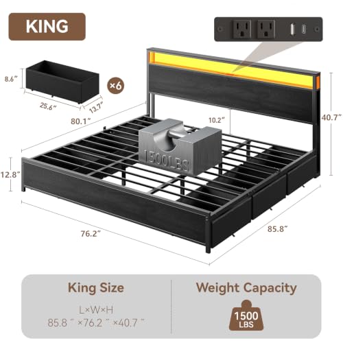 Image of Forestell King Size Bed Frame with 2-Tier Storage Headboard & 6 Drawers | Platform Bed with Heavy Duty Slat Support, Charging Station & LED, USB, Type-C & AC Ports, Noise-Free, No Box Spring, Black