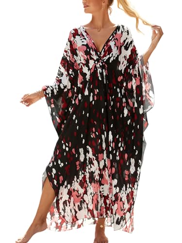 Image of IMAGEKOPE Women's Plus Size Animal Print V-Neck Batwing Kaftan Beach Dress Bathing Suit Cover-Up Loungewear