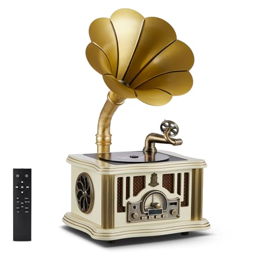 Vintage Gramophone CD Player, 5.3 Bluetooth Gramophone Record Player with Remote Control HiFi Sound, USB, 3.5mm Audio Output for Music Player/Home Decoration/Retro Collection/Gift(White)