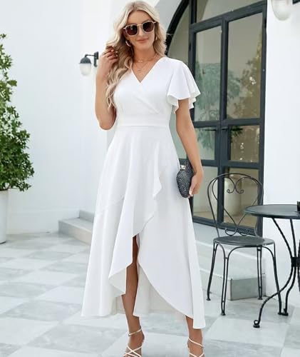 Image of Long Black Formal Dresses for Women Gowns Evening Party Cocktail Dress,Split Elegant V Neck Wrap Ruffle Wedding Guest Dresses