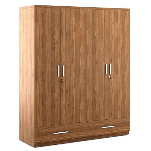 Image of Spacewood Linden Wardrobe | 3 Year Warranty | Almirah, Cupboard, Almari, 4 Door Wardrobe, 4 Drawer (2 Lock Drawer) and 2 Hanging Space & 2 Internal Locker |Engineered Wood| Natural Teak