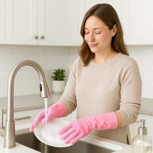 Image of Gloves Magic Silicone Dish Washing Gloves, Silicon Cleaning Gloves, Silicon Hand Gloves for Kitchen Dishwashing and Pet Grooming, Great for Washing Dish, Car, Bathroom (Pink, 1 Pair)