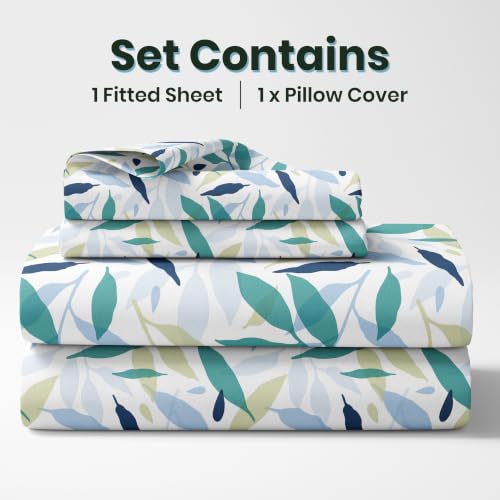 Image of LORETO - A QUALITY LINEN BRAND 210 TC 100% Pure Cotton Single Fitted Bedsheet with 1 Pillow Cover for 78 x 36 Inch Mattress, All-Around Elastic, 8 Inch Deep Pocket, Green Leaf Whisper