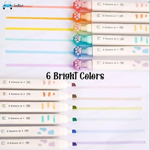 FunBlast Cute Cat Paw Highlighter Pen, 12 Color Highlighters Pens Cute, Dual-Side 2 In 1 Color Highlighter Pens Set, Pack Of 6 Highlighter Pen, Dual Tip Highlighter, Multicolour