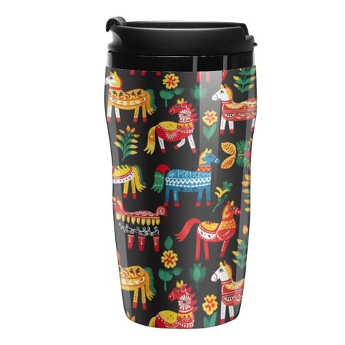 Tazza da caffè svedese con motivo folk con cavallo dala con coperchio, tazza da viaggio, tazze da tè e caffè, per donne e uomini, 250 ml