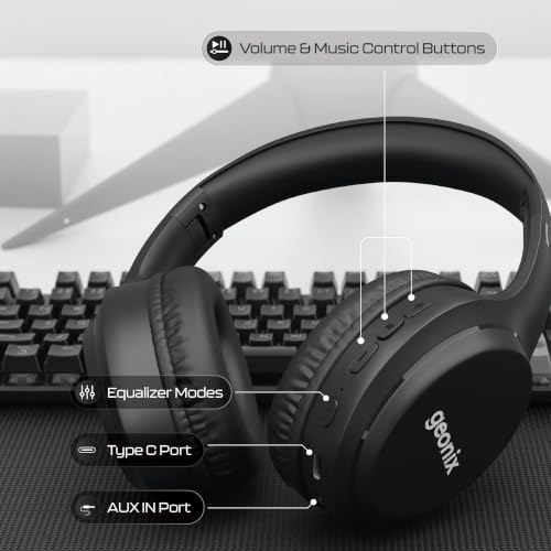 Image of Geonix Audicle Air Wireless Over-Ear Headphones - 70Hrs Playtime, Bluetooth 5.4 + AUX Dual Mode, Dual Device Pairing, Type-C Fast Charging, Comfortable Over Ear Headset (Black)