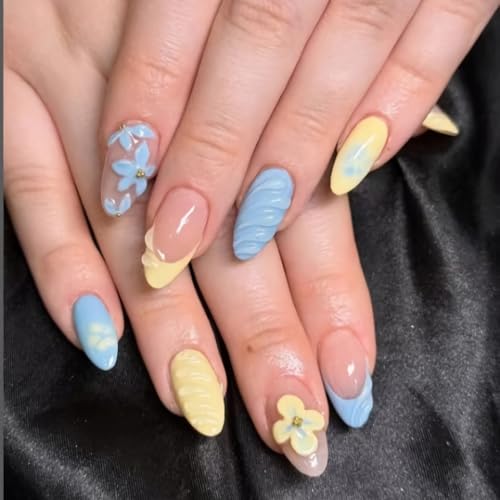 BABALAL Press On Nails, Medium Almond Fake Nails, Blue Yellow