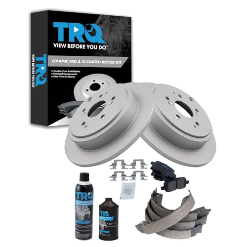 Image of TRQ Rear Brake Pad & Rotor Kit, with Chemical Kit Parking Brake Shoe Set Ceramic Premium G-Coated Compatible with 2001-2006 Acura MDX