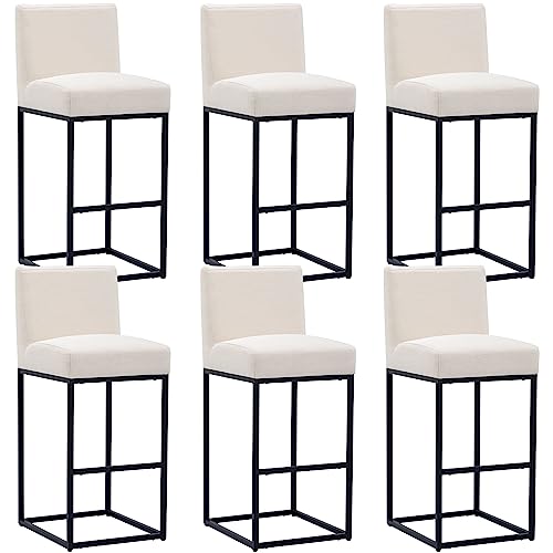 Image of HNY Modern Counter Height Bar Stools Set of 6, Linen Upholstered Kitchen Island Stools with Backrest, 31 Inch Bar Stools with Black Metal Frame, Cream