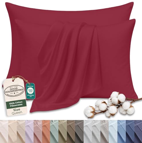 Image of Royale Linens 100% Cotton Pillow Cases Queen Size Set of 2 - Percale Pillowcase - Red Pillow Cases Super Soft Cooling & Breathable Hotel Cotton Pillowcases, Fits Queen Pillows (20 inchx30 inch, Red)