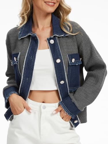 Womens Patchwork Denim Cardigan Sweater 2025 Fall Winter Button Down Long Sleeve Chunky Knit Cardigan with Pockets2