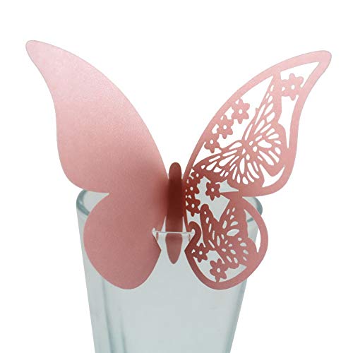 Wambere Lot de 50 marque-places papillons en entonnoir - Cartes de table avec pendentif en verre - Motif papillons - Pour décoration de table, mariage, fête, déco maison, Cartes de table laser - Rose
