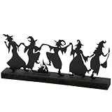 Primitives by Kathy Sitter - Dancing Witches Decorative Sitter from Our Halloween Collection Featuring a Black Metal Cutout of Witches Dancing Around a fire Attached to a Coordinating Black Wood Base