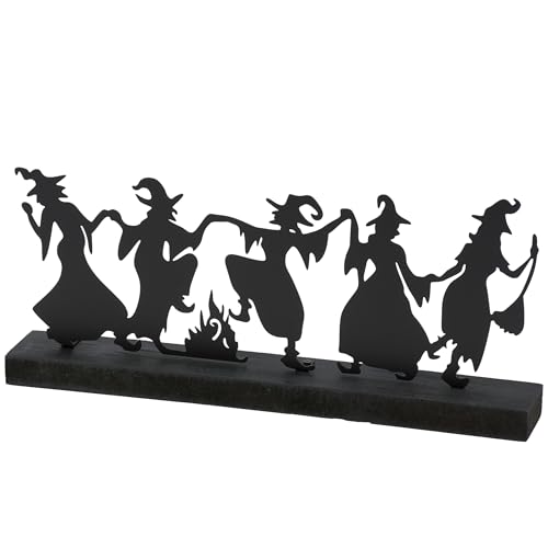 Primitives by Kathy Sitter - Dancing Witches Decorative Sitter from Our Halloween Collection Featuring a Black Metal Cutout of Witches Dancing Around a fire Attached to a Coordinating Black Wood Base