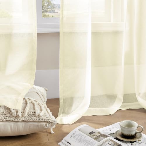 Image of Sheer Curtains Beige 95 Inches Long, Window Treatments Rod Pocket Drapes for Living Room, Bedroom, Semi Crinkle Extra Wide Curtains for Yard, Patio, Villa, Parlor, 108 inchW x 95 inchL, 2 Panels