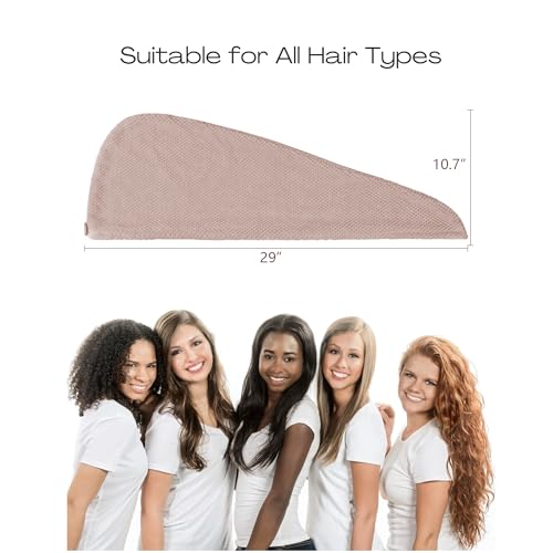 Image of ROLSHOL Extra Large 4 Pack Microfiber Hair Towel Wrap for Women Super Absorbent & Quick Dry Hair Drying Towels with Button, Hair Turbans for Curly Hair Long & Short Hair - Anti-Frizz (Pink Pinstripe)
