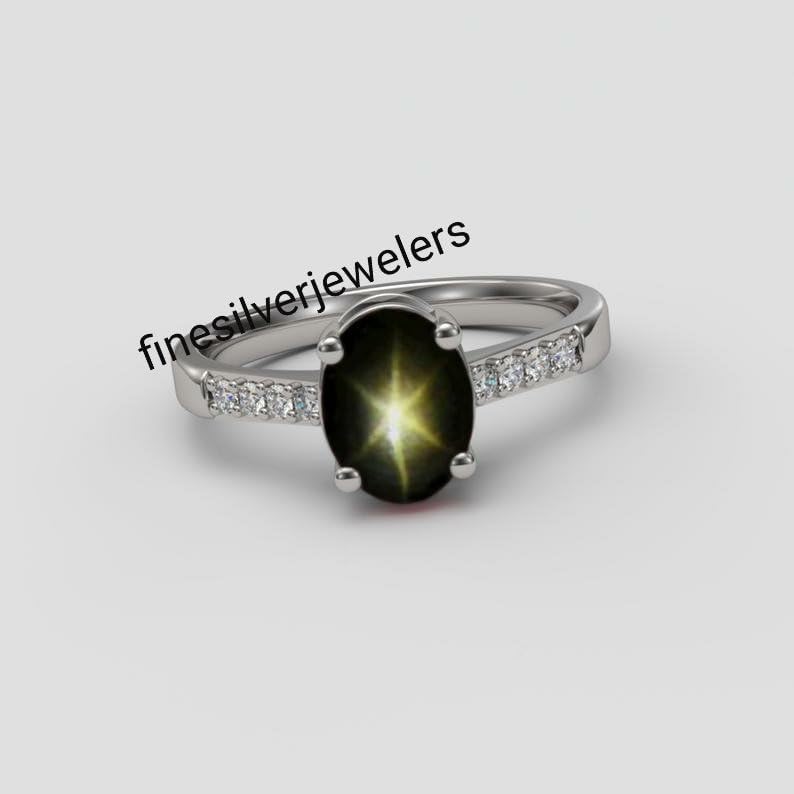 925 Sterling Silver Black Star Sapphire Ring Vintage Art Deco Oval Gemstone Ring Handmade Statement Jewelry for Women