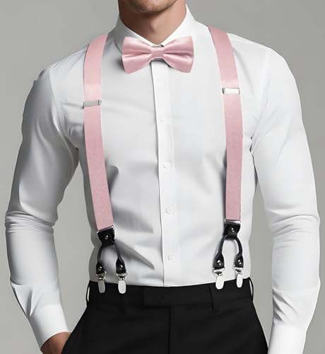 Image of Dubulle Suspender and Bow Tie for Men Paisley Solid Mens Suit Braces Pretied Bowtie and Handkerchief Cufflinks Formal Wedding