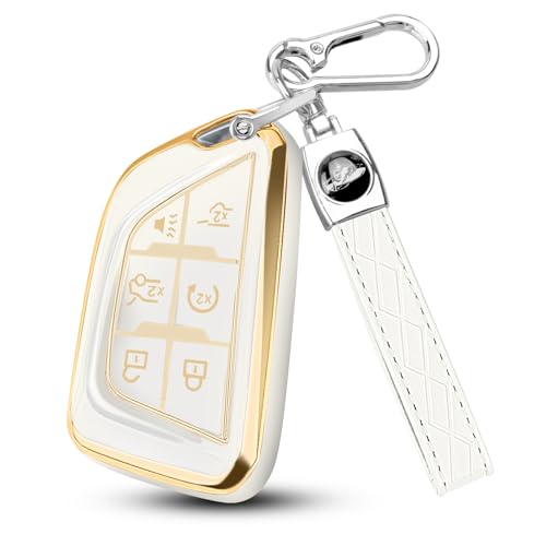 Image of QBUC for Cadillac Key Fob Cover with Leather Keychain (Gold Trim White) | Soft TPU Protection Case Compatible with 2020-2026 Cadillac Escalade Lyriq Optiq 6-Buttons