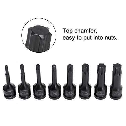 Helakls 8-Piece 1/2 Inch Drive Impact Torx Star Socket Bits Set T30 T40 T45 T50 T55 T60 T70 T80 Cr-Mo One-Piece Construction 3-Inch Extra Long Air Impact Triple Square Wrench #TOP4