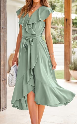 Image of PRETTYGARDEN Women's 2023 Summer Wrap Maxi Dress Casual Boho Deep V Neck Short Sleeve Ruffle Hem Split Beach Long Dresses