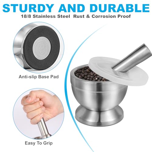 18/8 (304) Stainless Steel Mortar and Pestle Set,Mortar and Pestle with Non-Slip Base for Spice Grinder, Herb Crusher, Pill Crusher, Pesto Maker for Kitchen, Easy to Clean - Image 4