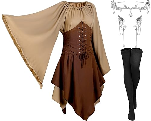 Image of 4 Pcs Women Elf Costume Renaissance Traditional Irish Dress Fairy Costume Elf Ear Cuffs for Women Halloween Cosplay Party