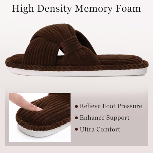 Image of Evshine Summer House Slippers for Women Corduroy Cross Bow Indoor Slippers Open Toe Slip On Bedroom Shoes with Memory Foam