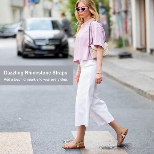 Women's Sparkle Rhinestone Flat Sandals with Back Elastic Ankle Strap, Comfortable Memory Foam Slip On Open Toe Shoes for Dressy or Everyday Summer Wear, Glitter Bling and for Work, Beach, Strappy Wedding Sandals3