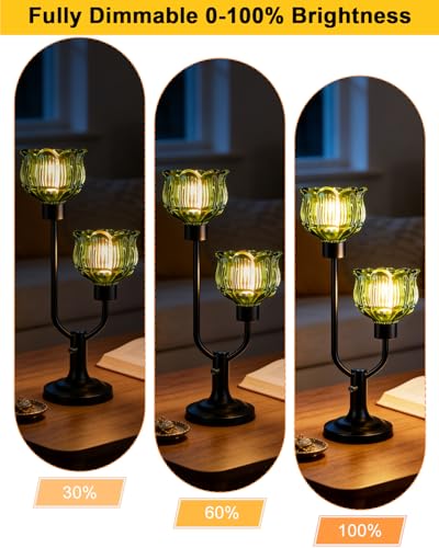 Image of Lightdot Green Glass Table Lamp Dimmable Vintage Black Flower Lamp Gift | Mid Century Modern Desk Lamp 2 Bulbs Included Warmwhite Ambient Nightstand Bedside Lamp for Living Room Bedroom Home Decor