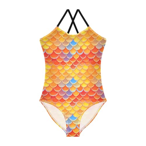 senya Girls Swimsuits One-Piece Swimwear Tie Bathing Suit Beach Summer Round Neck 9-10T Colored Scales Pattern