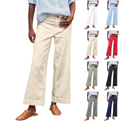 Cropped Linen Pants Women High Waisted Wide Leg Capri Work Pants Business Casual Ankle Pants with Pockets