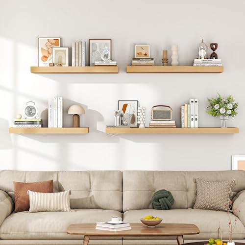 Image of Dreamland 48 inch Floating Shelves for Wall, 12 inch Deep Thicker Oak Floating Shelves, Wall-Mounted Shelves for Bedroom, Living Room, Kitchen, Bathroom - Set of 2