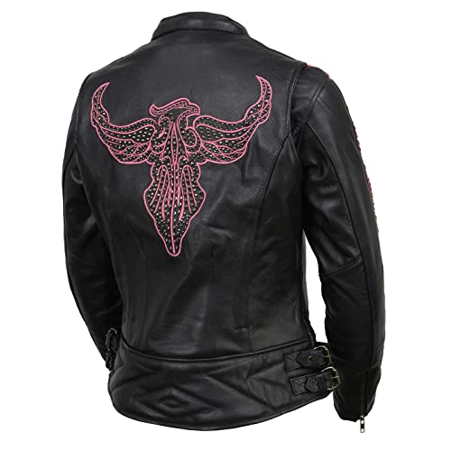 Milwaukee Leather MLL2570 Women's 'Phoenix Embroidered' Black and Fuchsia Pink Leather Motorcycle Jacket - XXX-Large